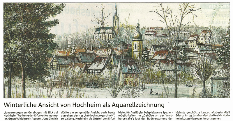 Winterliche Ansicht von Hochheim als Aquarellzeichnung